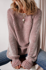 Red Dahlia Striped Print Ribbed Knit Boat Neck Baggy Sweater Sweaters JT's Designer Fashion