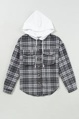 Black Plaid Print Flap Pockets Contrast Hooded Loose Shacket Plaid Shackets JT's Designer Fashion