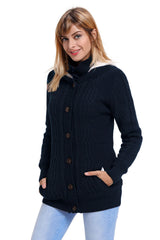 Navy Blue Long Sleeve Button-up Hooded Cardigans Sweaters & Cardigans JT's Designer Fashion