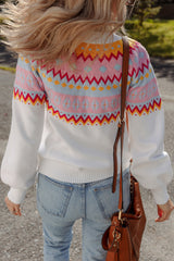 White Ethnic Geometric Colorblock Print Drop Shoulder Sweater Sweaters JT's Designer Fashion