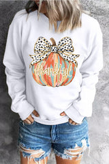 Beige Polka Dot Bow Knot Pumpkin Print Thanksgiving Sweatshirt Graphic Sweatshirts JT's Designer Fashion