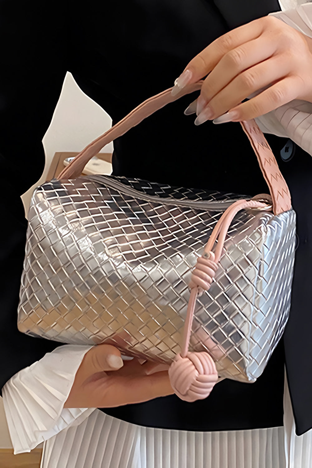 Silvery Lattice Texture Corded Ball Decor Weaven Handle Cosmetic Bag Makeup Bags JT's Designer Fashion