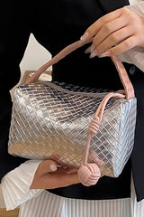 Silvery Lattice Texture Corded Ball Decor Weaven Handle Cosmetic Bag Makeup Bags JT's Designer Fashion