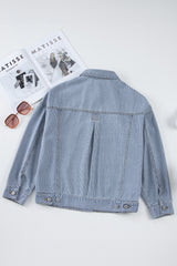 Sky Blue Stripe Washed Oversize Pocketed Denim Jacket Denim Jackets JT's Designer Fashion