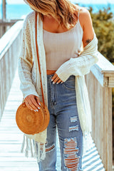 Beige Tasseled Hollow-out Cable Knit Cardigan Sweaters & Cardigans JT's Designer Fashion