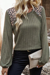 Moss Green Leopard Print Crochet Patchwork Rib Textured Knit Top Long Sleeve Tops JT's Designer Fashion