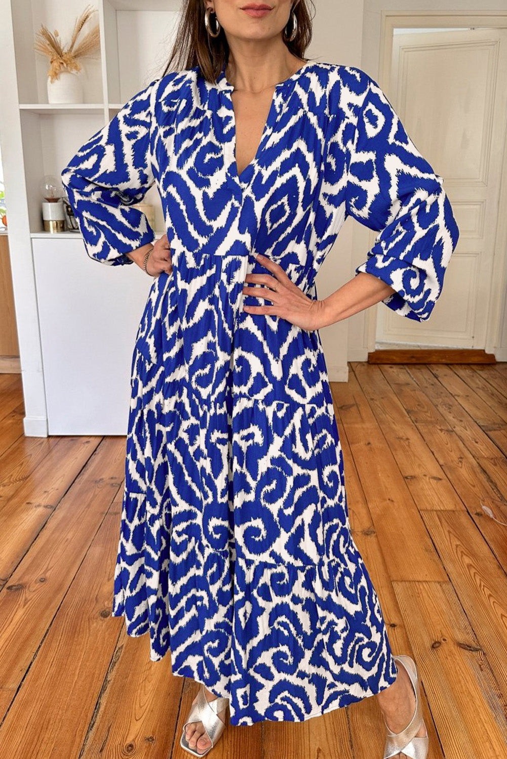 Blue Western Abstract Geometric Printed Long Dress Maxi Dresses JT's Designer Fashion