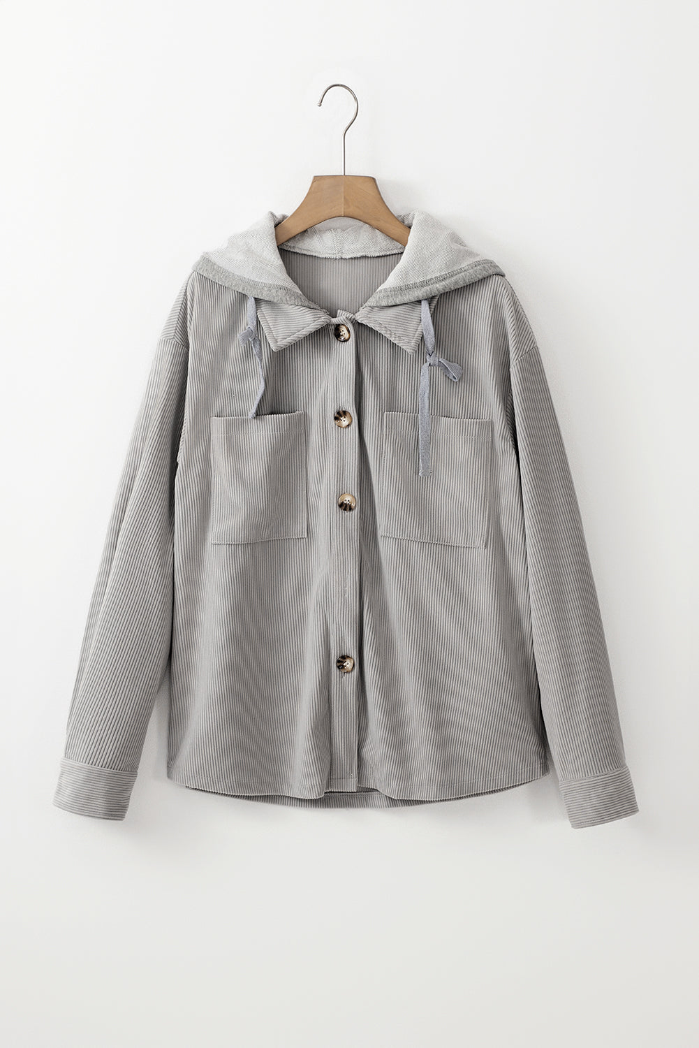 Light Grey Hooded Drawstring Pockets Corduroy Shacket Jackets JT's Designer Fashion