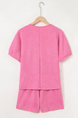 Pink Textured V Neck T Shirt and Shorts Set Short Sets JT's Designer Fashion