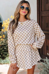 Khaki Checkered Long Sleeve Crop Top High Waist Skort 2pcs Set Short Sets JT's Designer Fashion