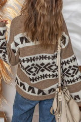 Dark Khaki Ethnic Geometric Pattern Button Front V Neck Sweater Cardigan Cardigans JT's Designer Fashion