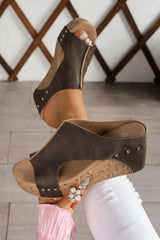 Chestnut Hollow Out Studded Leather Wedge Slippers Slippers JT's Designer Fashion