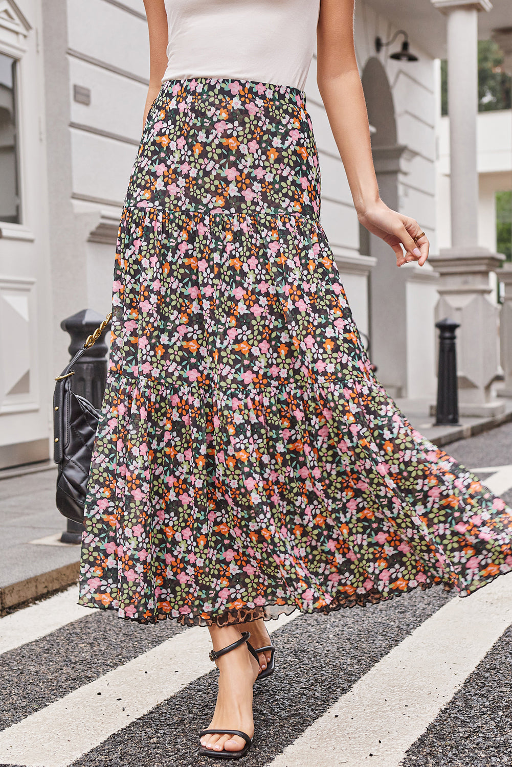 Brown Leopard Floral Reversible Ruffle Hem Maxi Skirt Skirts & Petticoat JT's Designer Fashion
