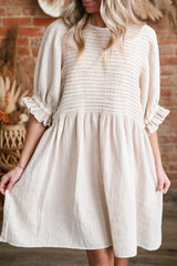 White Textured Ruffled Puff Sleeve Loose Dress Mini Dresses JT's Designer Fashion
