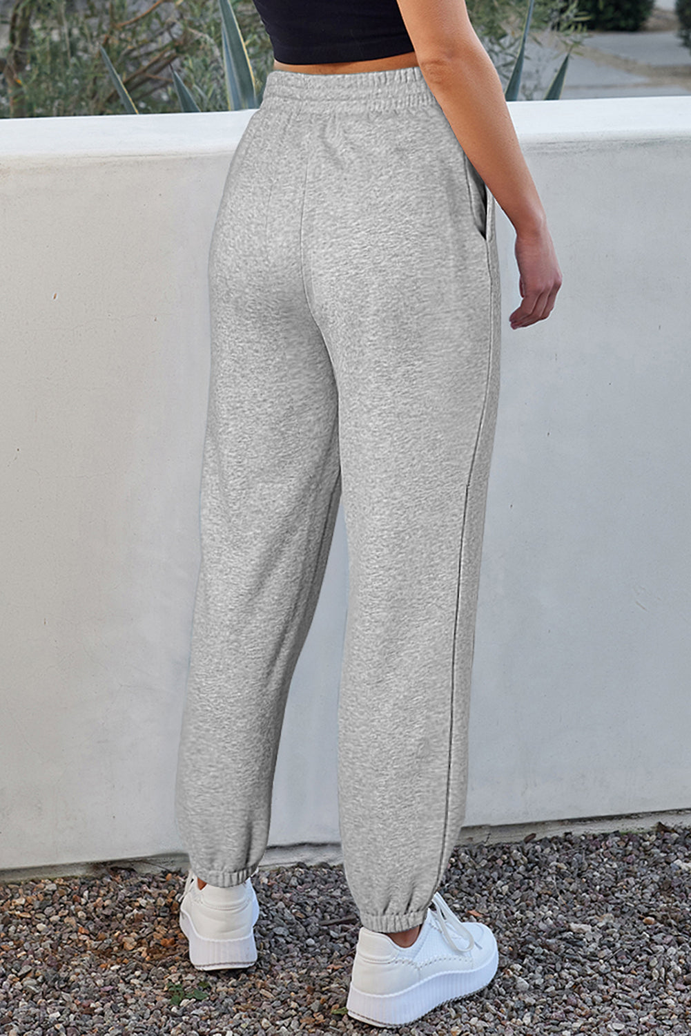 Light Grey Solid Color Fleece Lined Drawstring Waist Joggers Pants & Culotte JT's Designer Fashion