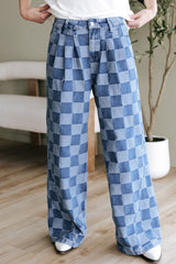Dusk Blue Checkered Denim Wide Leg Jeans Jeans JT's Designer Fashion