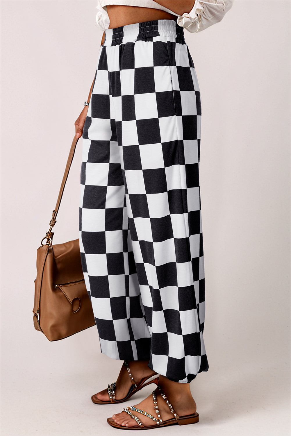 Black Checkerboard Elastic Waist Pocketed Joggers Pants & Culotte JT's Designer Fashion