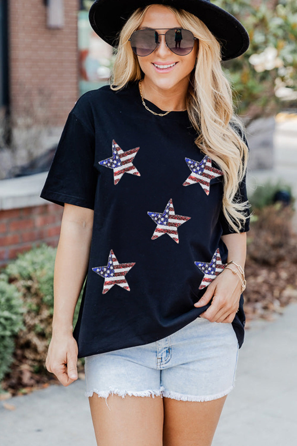 Black Sequined American Flag Star Graphic T Shirt Graphic Tees JT's Designer Fashion