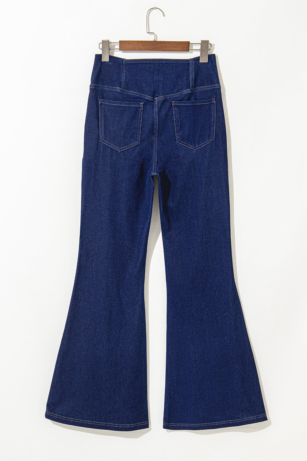 Dusk Blue Solid Crossed Waist High Elastic Fit Flare Knit Jeans Jeans JT's Designer Fashion