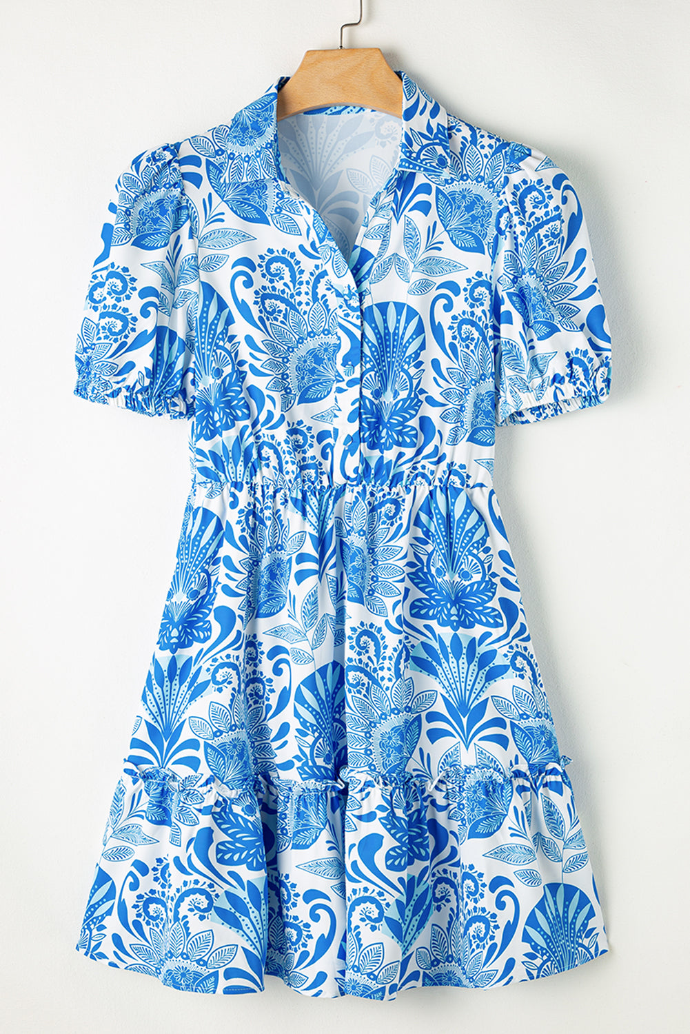 Sky Blue Retro Floral Print Drawstring Waist Ruffled Mini Dress Floral Dresses JT's Designer Fashion