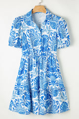 Sky Blue Retro Floral Print Drawstring Waist Ruffled Mini Dress Floral Dresses JT's Designer Fashion