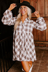 White Plaid Bubble Sleeve Flowy Shirt Dress Mini Dresses JT's Designer Fashion