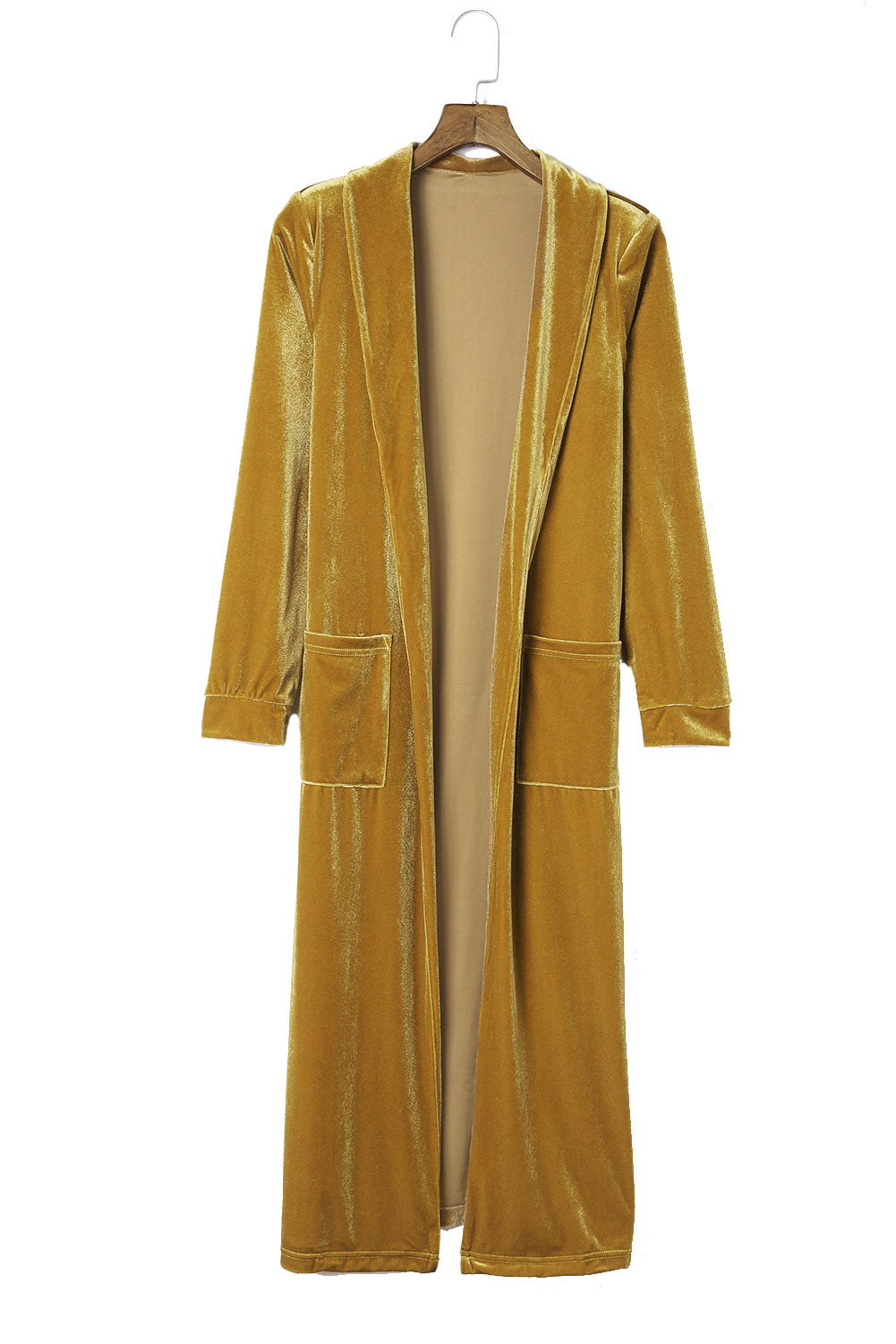 Yellow Velvet Open Front Pocketed Long Duster Sweaters & Cardigans JT's Designer Fashion
