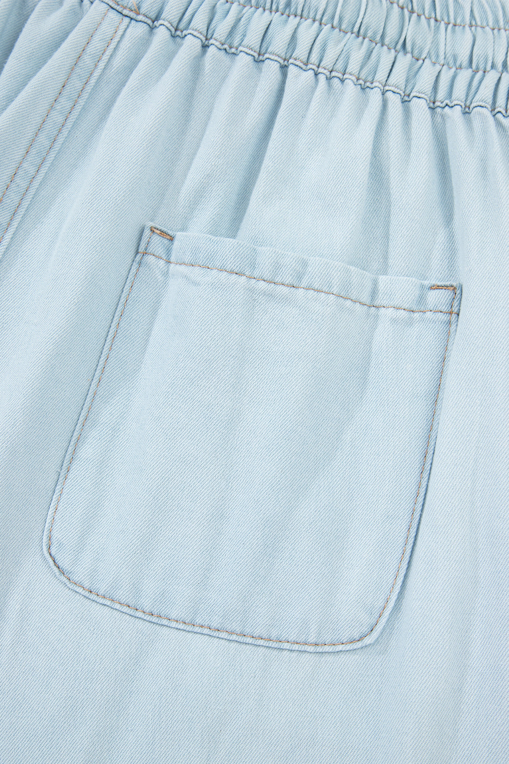 Beau Blue Light Wash Contrast Trim Center Seam Drawstring Elastic Waistband Wide Leg Denim Pants Jeans JT's Designer Fashion