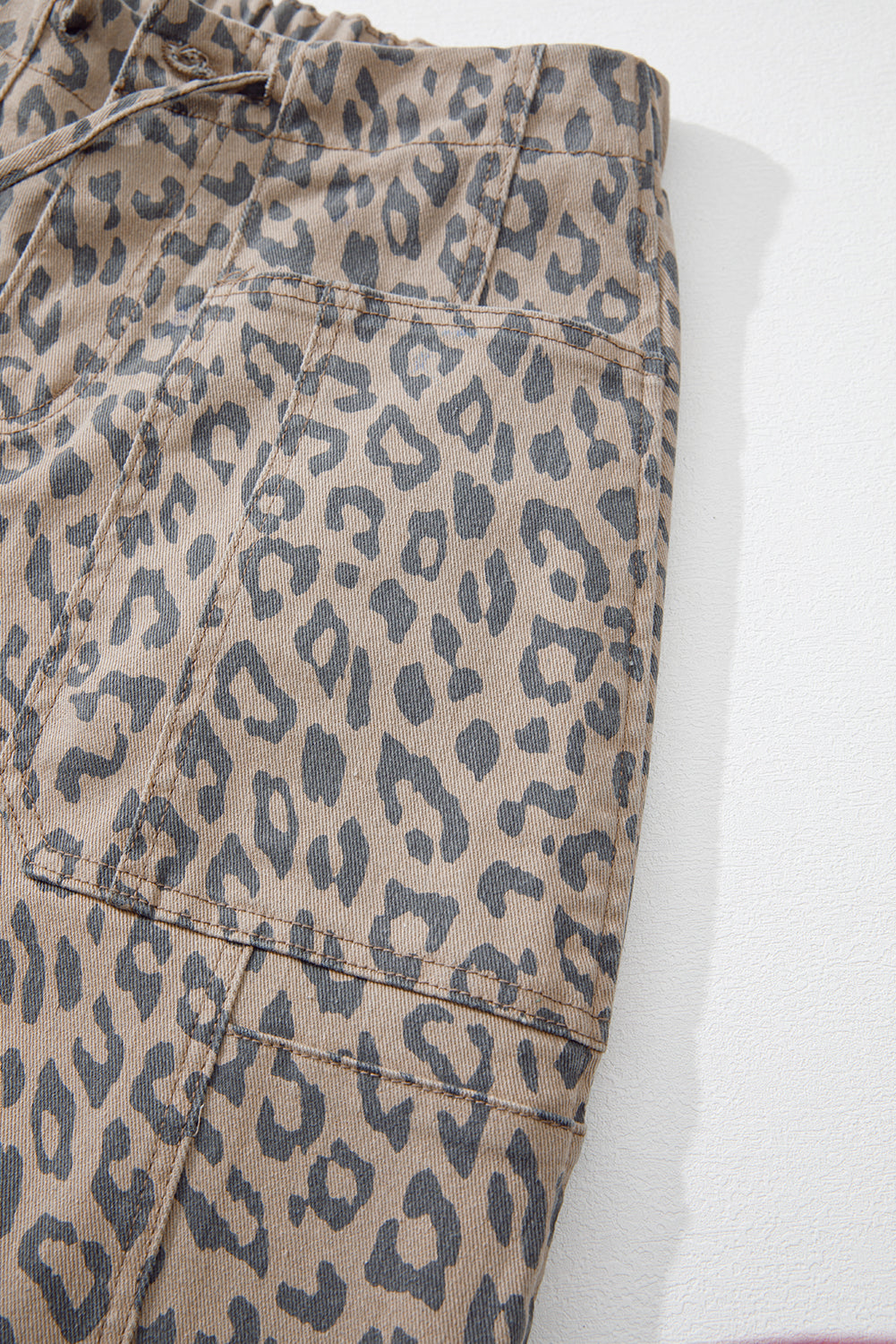 Khaki Leopard Printed Drawstring Elastic Waistband Pocketed Wide Leg Jeans Jeans JT's Designer Fashion