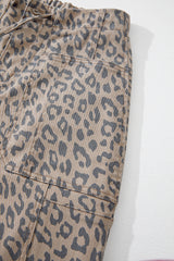 Khaki Leopard Printed Drawstring Elastic Waistband Pocketed Wide Leg Jeans Jeans JT's Designer Fashion