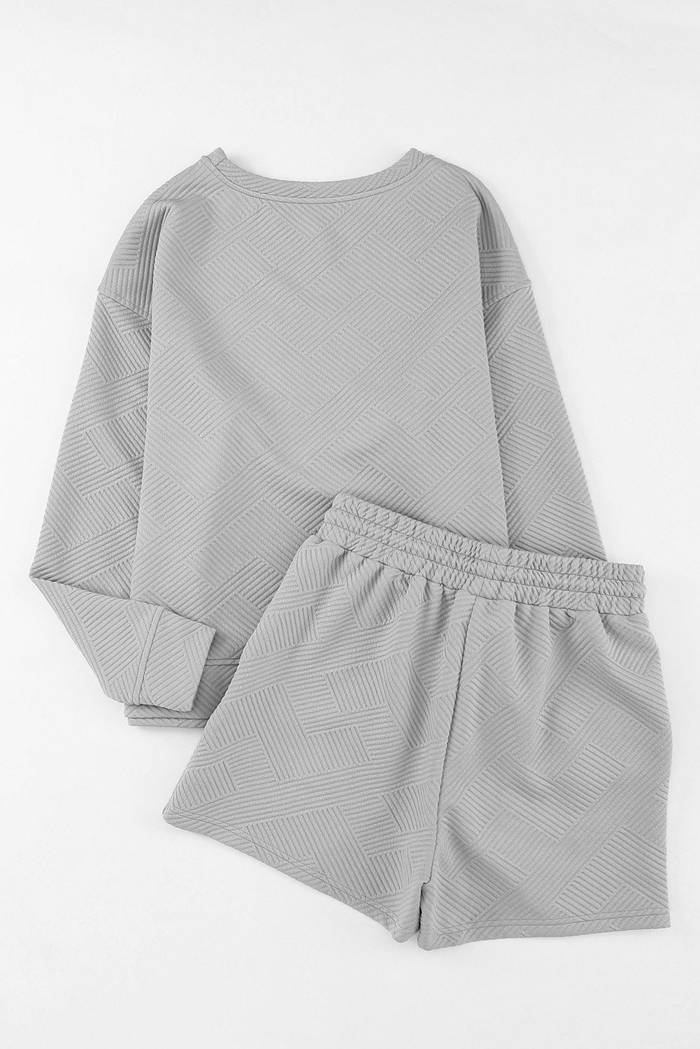 Gray Textured Long Sleeve Top and Drawstring Shorts Set Short Sets JT's Designer Fashion