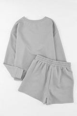 Gray Textured Long Sleeve Top and Drawstring Shorts Set Short Sets JT's Designer Fashion