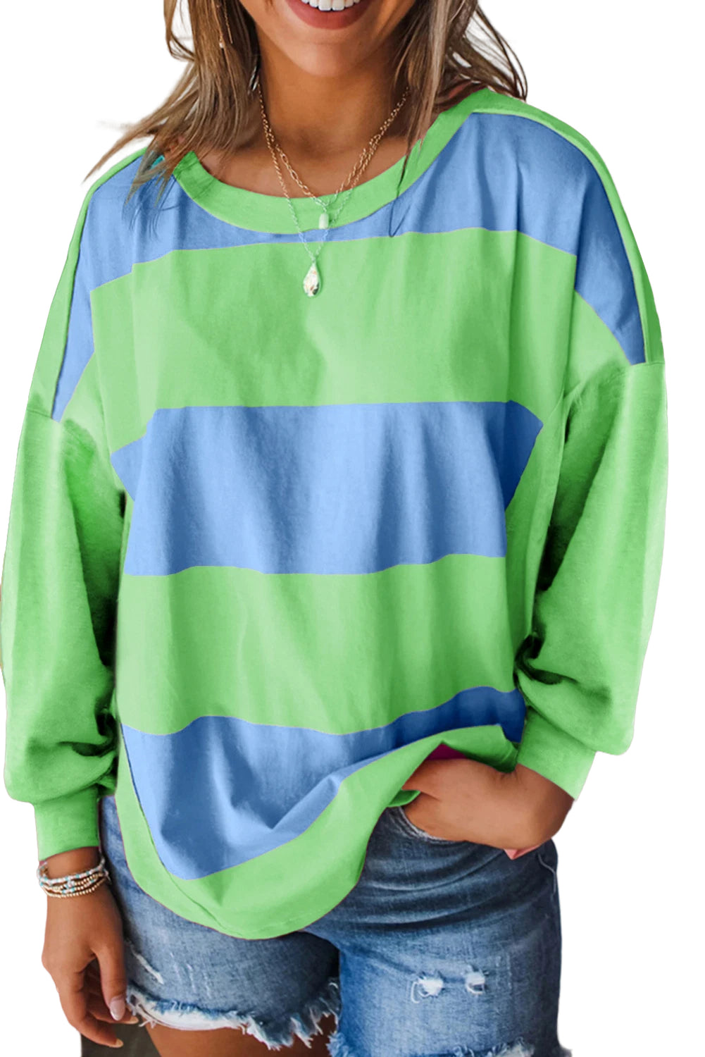Blue Colorblock Striped Drop Shoulder Loose Top Long Sleeve Tops JT's Designer Fashion