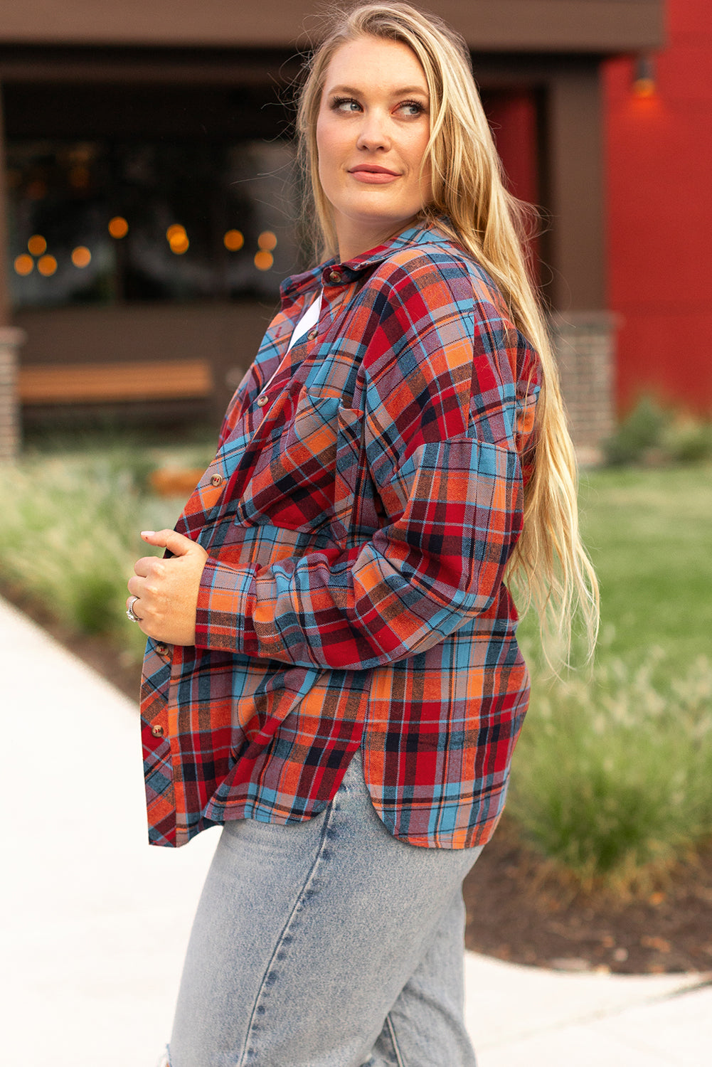 Red Plus Size Plaid Print Buttoned Shirt Plus Size Blouses & Shirts JT's Designer Fashion