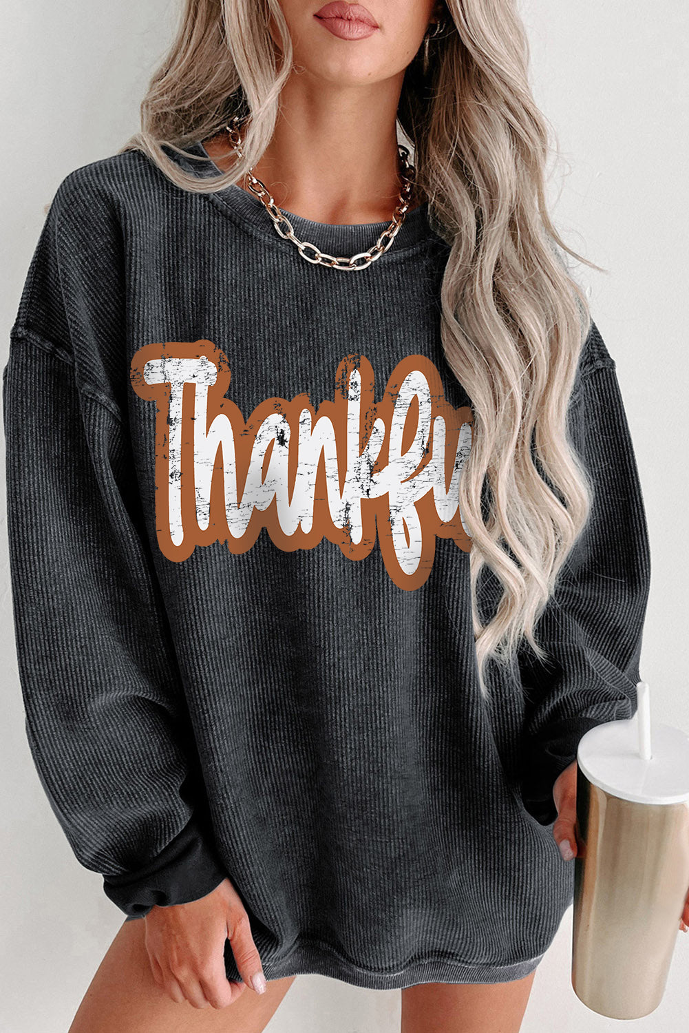 Black Thankful Printed Drop Shoulder Corded Thanksgiving Sweatshirt Black 100%Polyester Graphic Sweatshirts JT's Designer Fashion