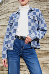 Light Blue Checkered Patchwork Button up Denim Jacket Denim Jackets JT's Designer Fashion