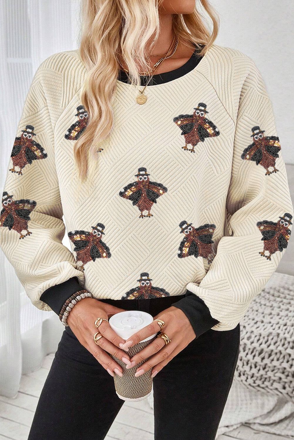 Jet Stream Textured Colorblock Edge Sequin Turkey Graphic Long Sleeve Top Graphic Sweatshirts JT's Designer Fashion