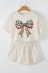 Beige Bold Leopard Bow Print Loose Tee and Skort 2pcs Set Graphic Sets JT's Designer Fashion