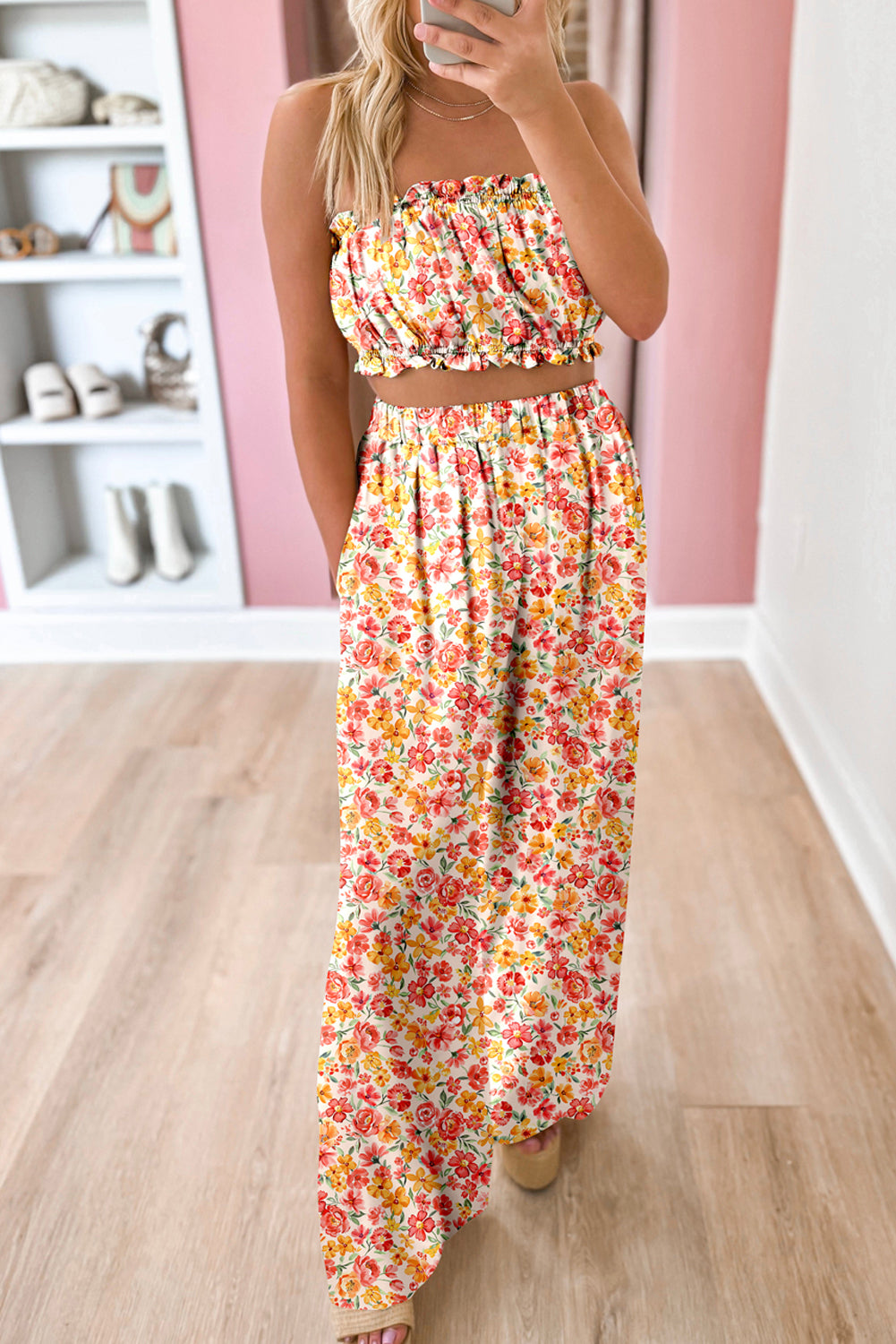 Pink Boho Floral Bandeau Top and High Waist Wide Leg Pants Set Pant Sets JT's Designer Fashion