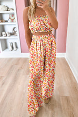 Pink Boho Floral Bandeau Top and High Waist Wide Leg Pants Set Pant Sets JT's Designer Fashion