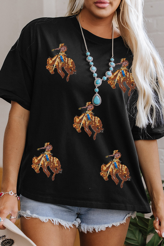Black Western Horse Patched Crew Neck Graphic T Shirt Graphic Tees JT's Designer Fashion