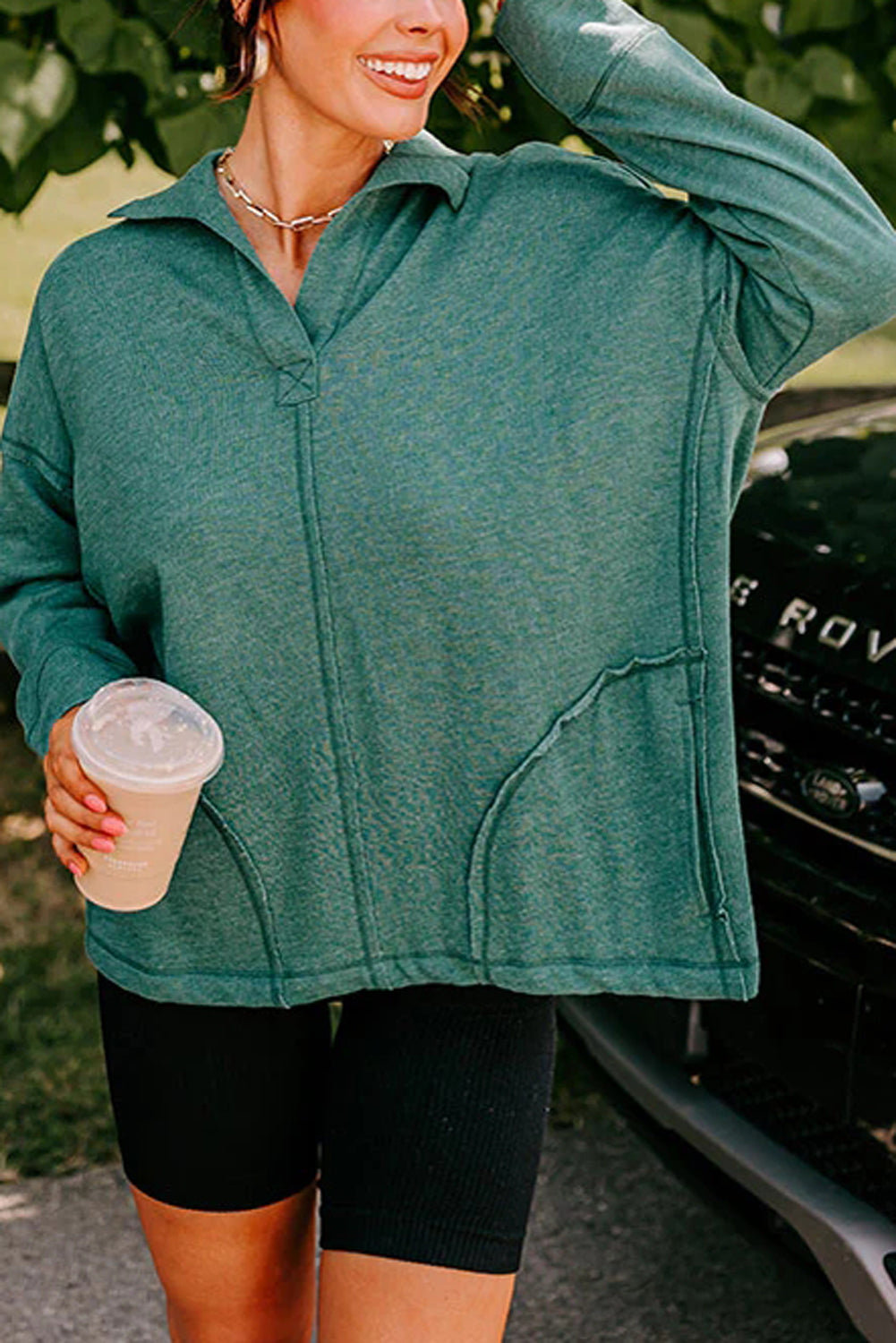 Evergreen Exposed Seam Collared Pocketed Loose Sweatshirt Sweatshirts & Hoodies JT's Designer Fashion