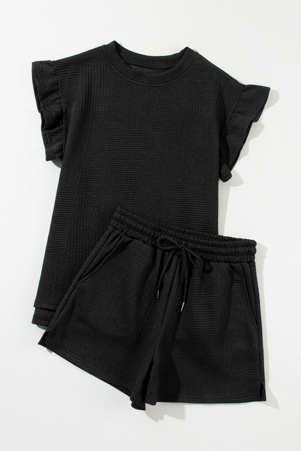 Black Textured Ruffle Split Top and Drawstring Shorts Short Sets JT's Designer Fashion