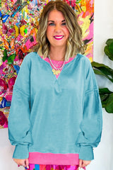 Light Blue Colorblock Patchwork Crew Neck Loose Sweatshirt Sweatshirts & Hoodies JT's Designer Fashion