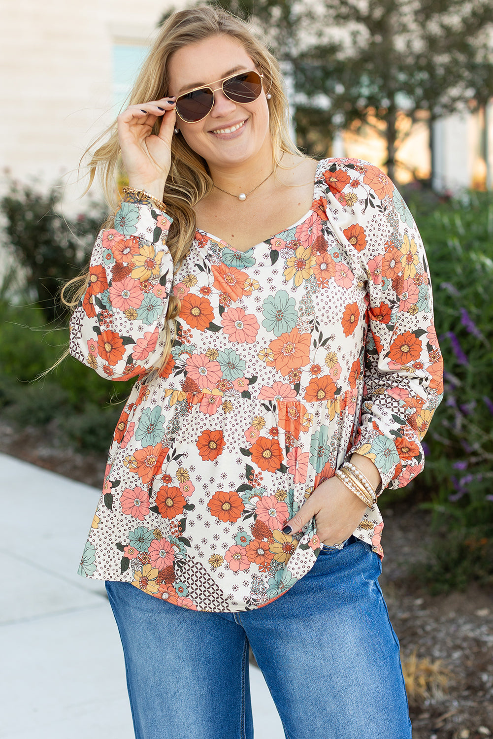 Khaki Plus Size Flower Print Square Neck Peplum Blouse Plus Size Blouses & Shirts JT's Designer Fashion