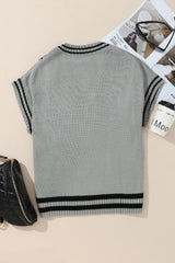 Gray V Neck Contrast Stripes Trims Short Sleeve Sweater Sweaters & Cardigans JT's Designer Fashion