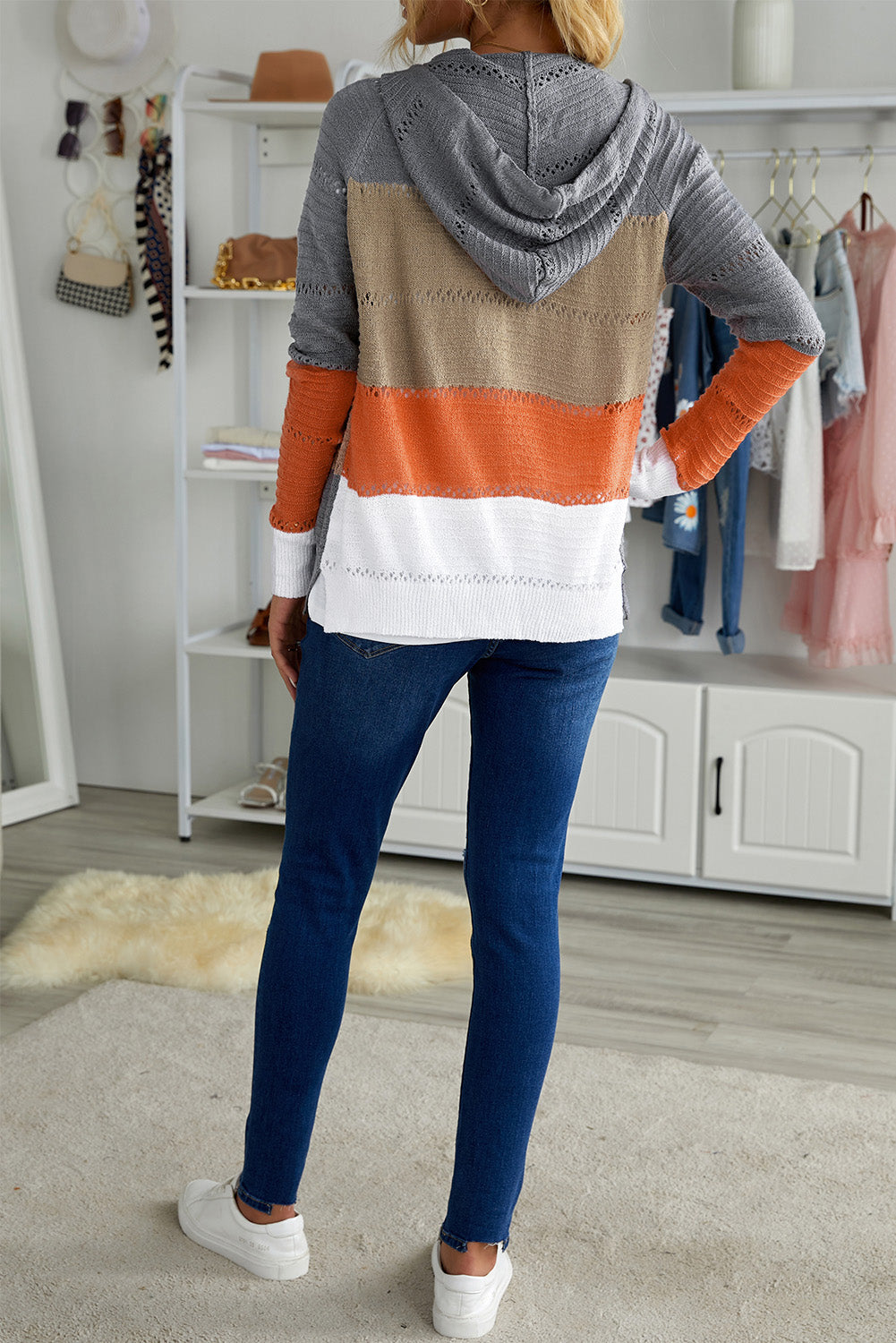 Gray Zipped Front Colorblock Hollow-out Knit Hoodie Sweatshirts & Hoodies JT's Designer Fashion