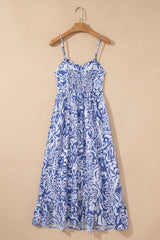 Sky Blue Floral Print Spaghetti Strap High Waist Maxi Dress Floral Dresses JT's Designer Fashion