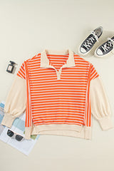 Orange Stripe Color Block Loose Fit Collared Drop Shoulder Sweatshirt Sweatshirts & Hoodies JT's Designer Fashion