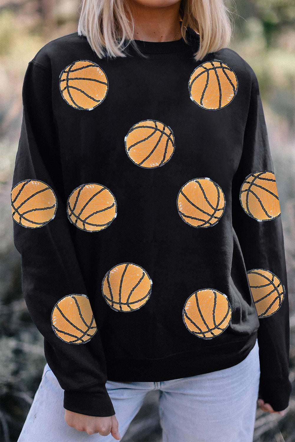 Black Sequin Ball Patched Crewneck Game Day Sweatshirt Graphic Sweatshirts JT's Designer Fashion